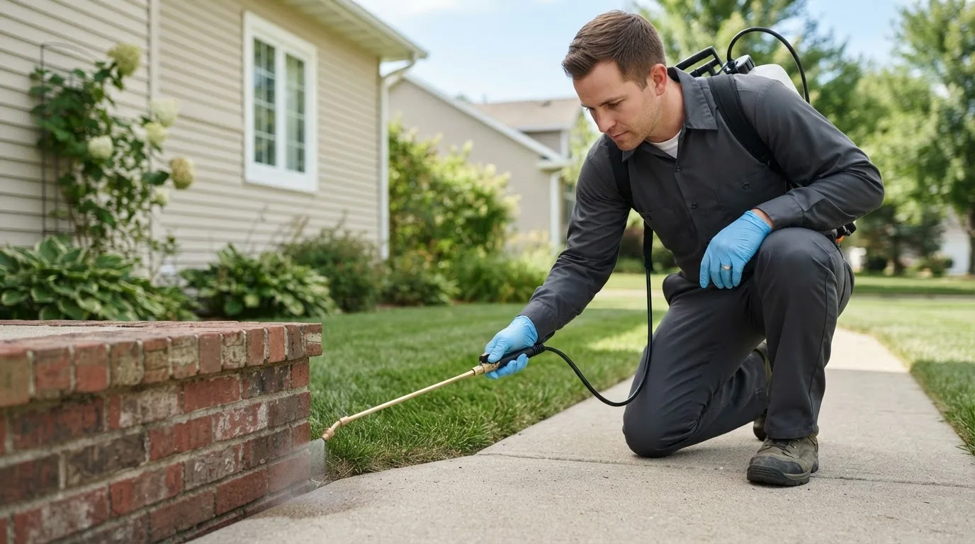 Pest control technician treating a home near Harrisburg, OR