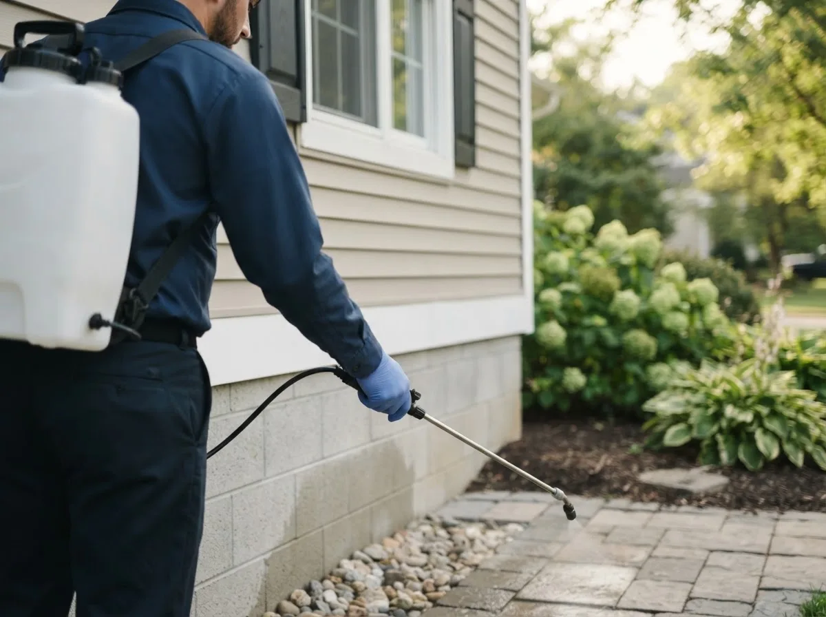 Pest control technician inspecting a home in Harrisburg, OR